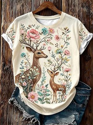 2026 New Women's Summer Retro Short-Sleeve T-Shirt Floral and Deer Print Top Loose Fit Women's Short-Sleeve T-Shirt