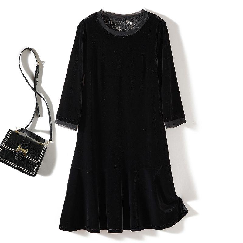 

The Quality of the Dress Is Perfect! Daya Women s Real Velvet round Neck Lace Stitching Ruffle Fishtail Fall and Winter Dress Fall and Winter Black L