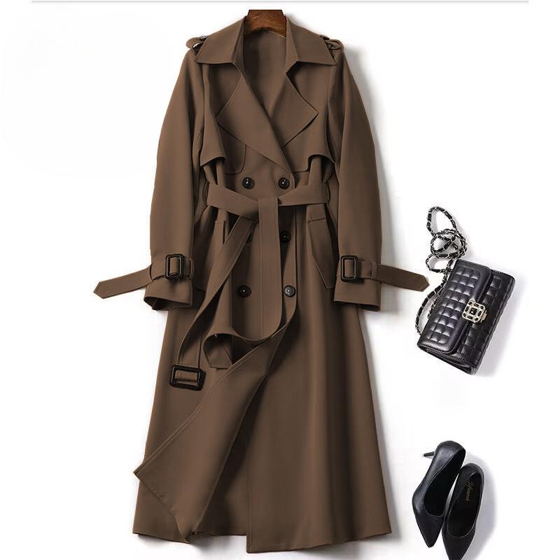 Long Trench Coat Women Lace Up Button Coats Full Sleeve Turn Down Collar Splice Jackets Solid Pockets Office Streetwear