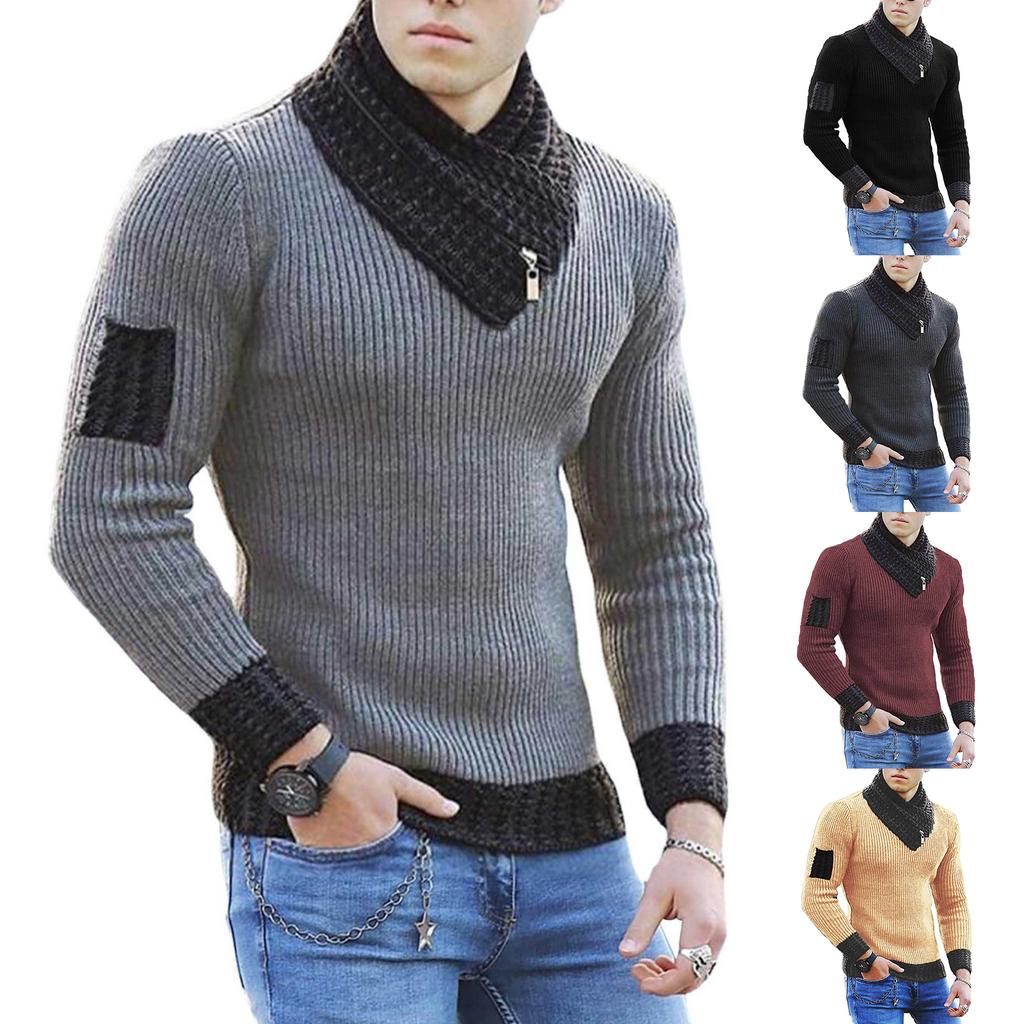 Men's Casual Solid-color Patchwork Style Long-sleeved High-neck Sweater, Men's Fitted Knitted Pullover, Scarf Collar Sweater
