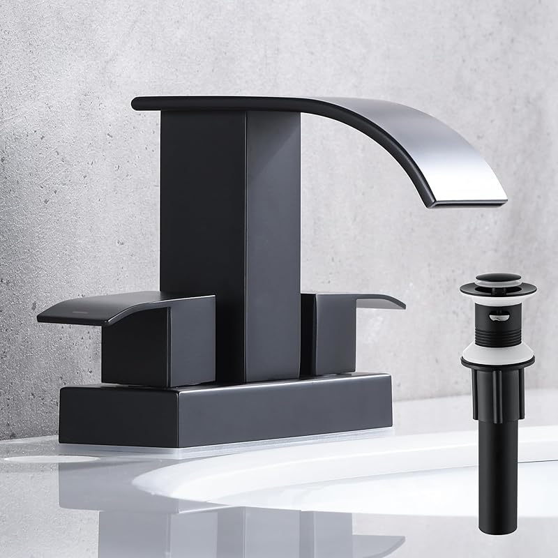 Waterfall Bathroom Sink Faucet Set with Pop Up Drain Stopper & Supply Lines - 4 Inch 2 Handles Centerset Faucet 2 or 3 Hole Lavatory Faucet Bathroom With Drain