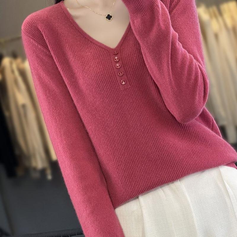 Autumn and Winter New V Tie Buckle Women's Long-sleeved Knitted Sweater Top Loose and Thin Large Size Bottoming Shirt Inside and Outside
