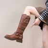 Women's Vintage Brown Genuine Leather Over-the-Knee Knight & Cowboy Boots