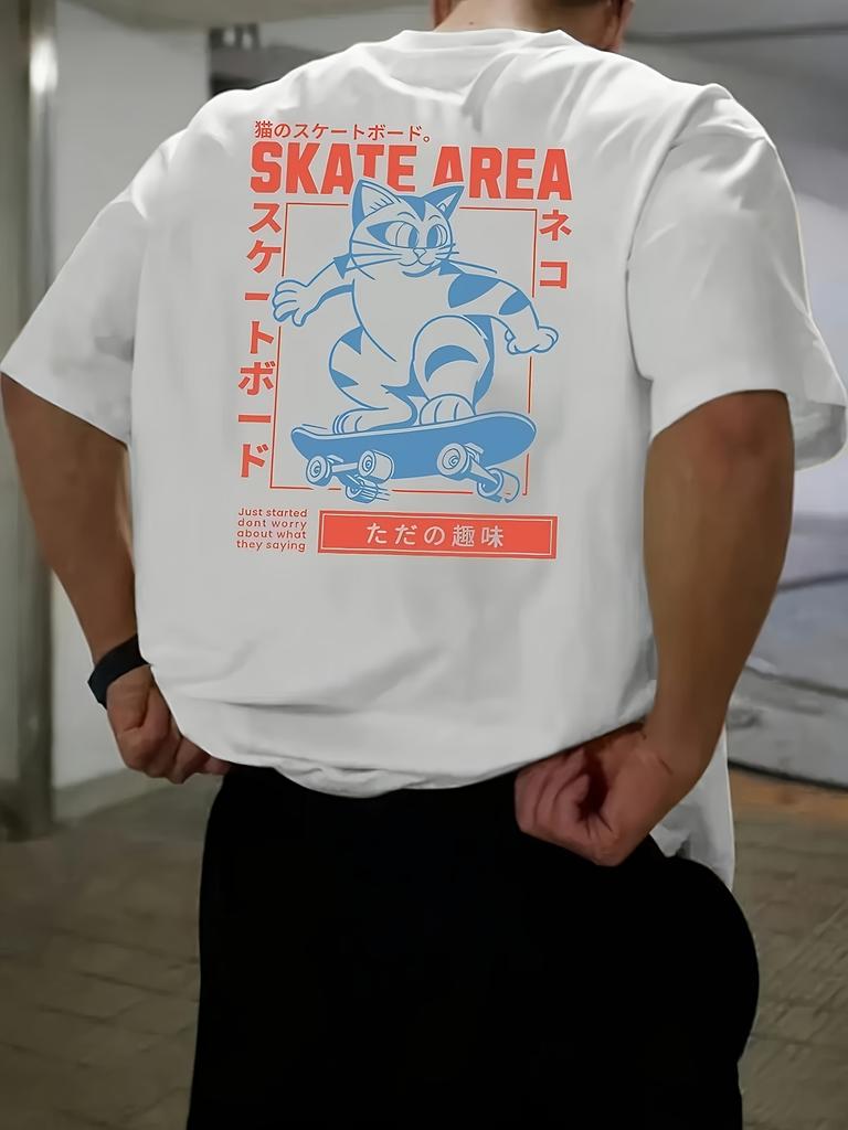 Men's Summer 100% Cotton Tokyo Casual Pattern Printed Fashionable and Casual Loose Round Neck Short Sleeved T-Shirt Top