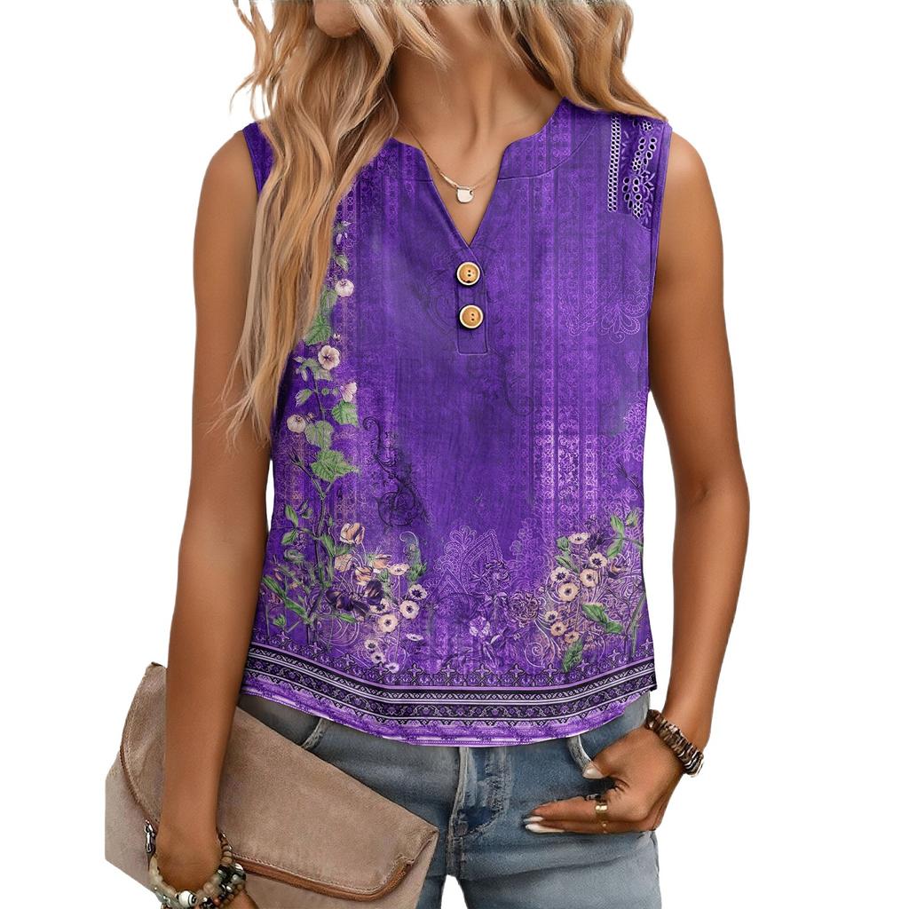 Women's Casual, Loose-Fitting, Printed, Sleeveless Linen Blouse