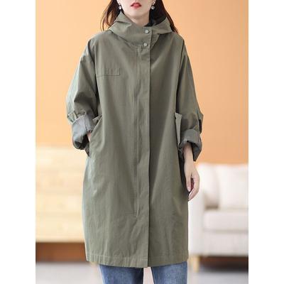 Plus Size Women's Tooling Spring and Autumn Loose Casual Hooded Windbreaker Women's Mid-length Spring and Autumn Jacket Women