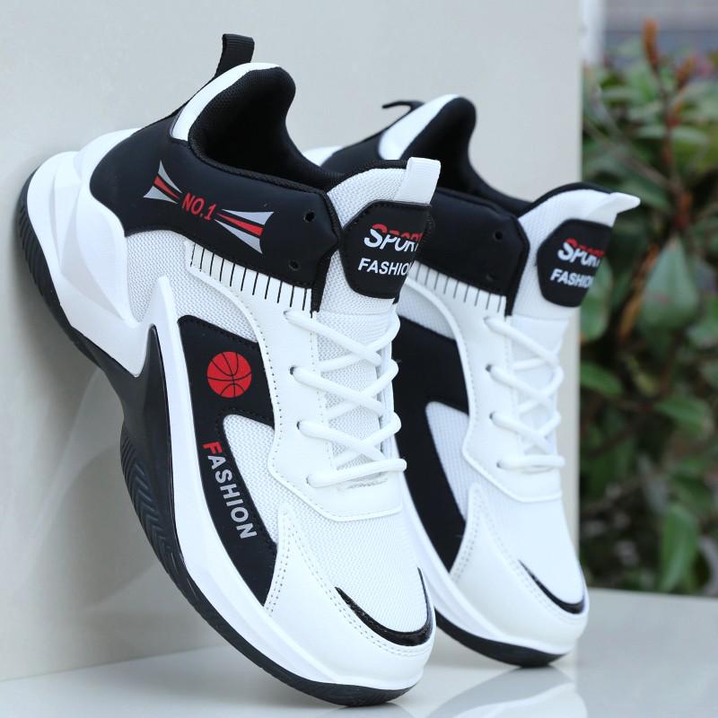Men's High-Top Mesh Basketball Shoes, Breathable Non-Slip Sports Sneakers for Spring/Summer - Versatile White Running Shoes for Students