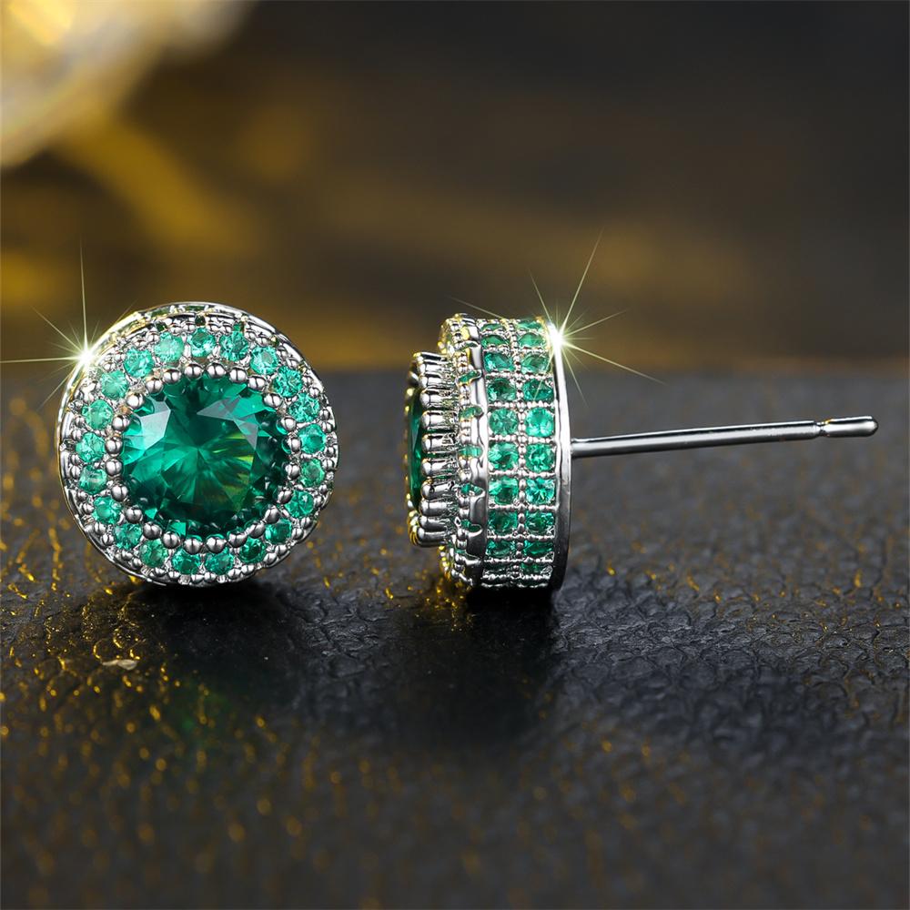 Trendy Green Crystal Zircon Round Stone Stud Earrings For Women Vintage Rose Gold Silver Color Wedding Jewelry Mother's Day Gift