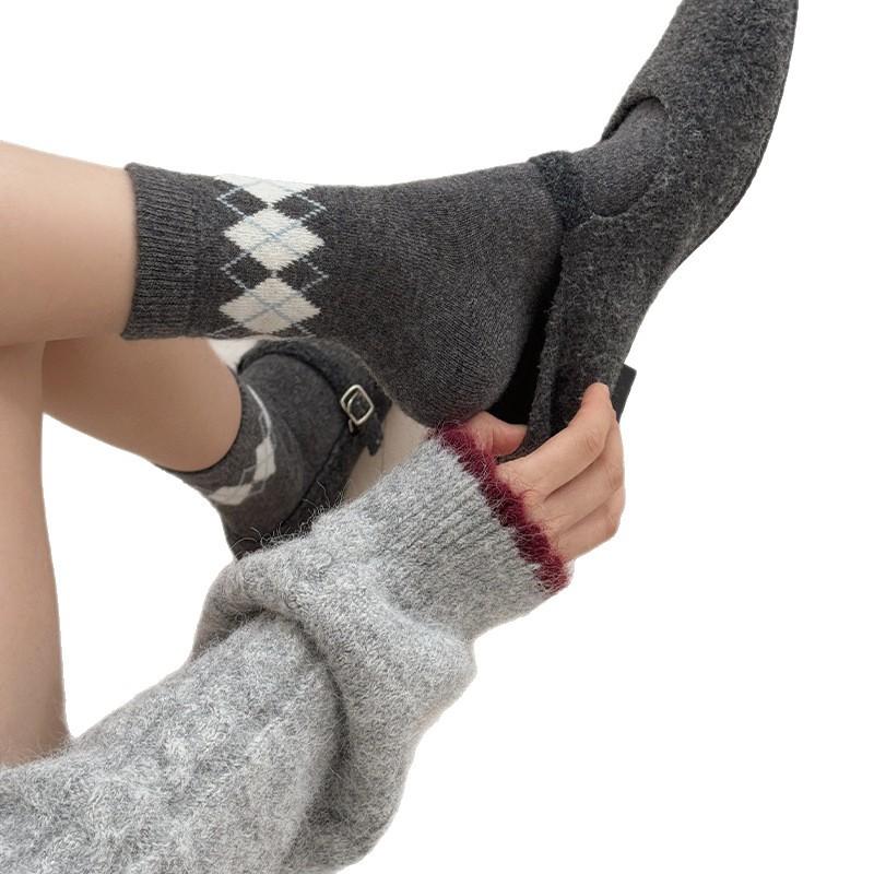 Socks Gray Boneless Wool Thickened Bow Warm Pile Socks Korean Socks Medium Tube Socks