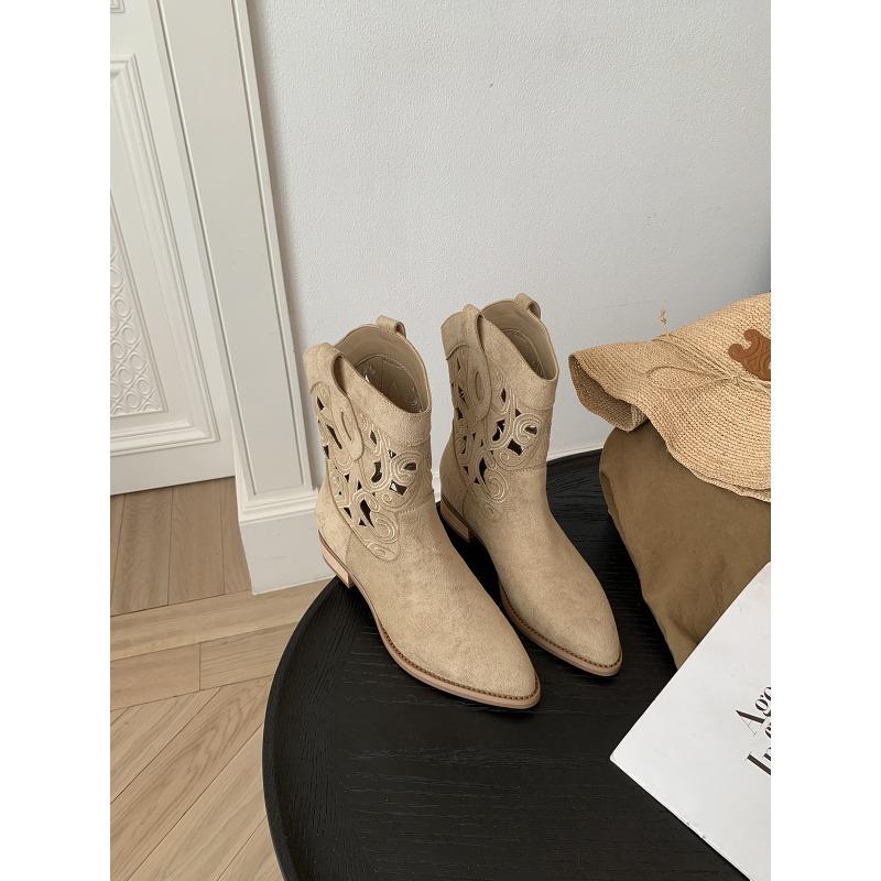 

Cowhide version~ Spice Girl thick heel pointed knight boots women s hollow embroidery mid-tube western cowboy boots 35