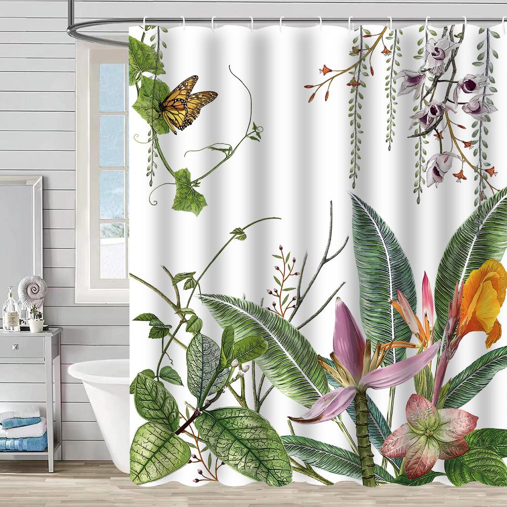 Green Plant Waterproof and Mildew-proof Polyester Bathroom Shower Curtain Shower Curtain Partition Curtain Free of Punching