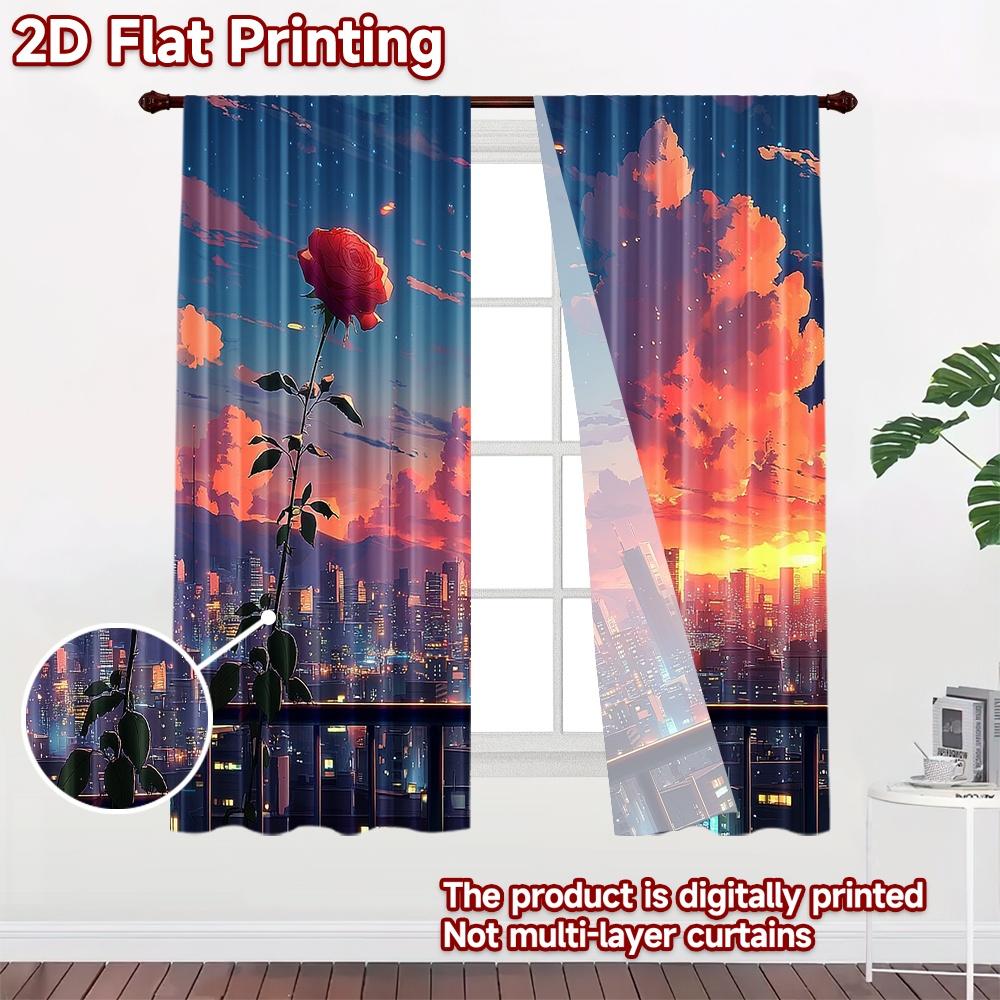2D flat printing 2pcs Window Drapes Anime Rose City Sunset Digital Printed Polyester Drapes Holiday Decorations Perfect for