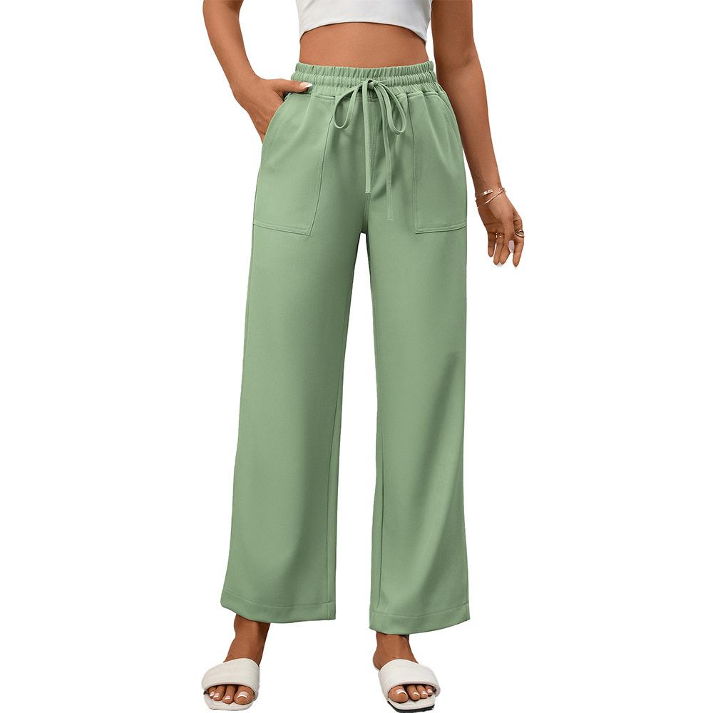 Summer New Women's Casual Drawstring Flowing Trousers Wide Leg Pants with Pockets