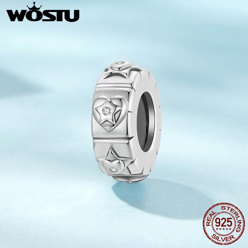WOSTU 925 Sterling Silver Lucky Star Clip Stopper Bead For Bracelet Moon Star Planet Charm Pendant Fit DIY Neckalce Jewelry Gift