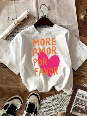 Womens White Casual TShirt Spanish Love Phrase MORE AMOR POR FAVOR Top with Pink Heart Harajuku Short Sleeve Casual