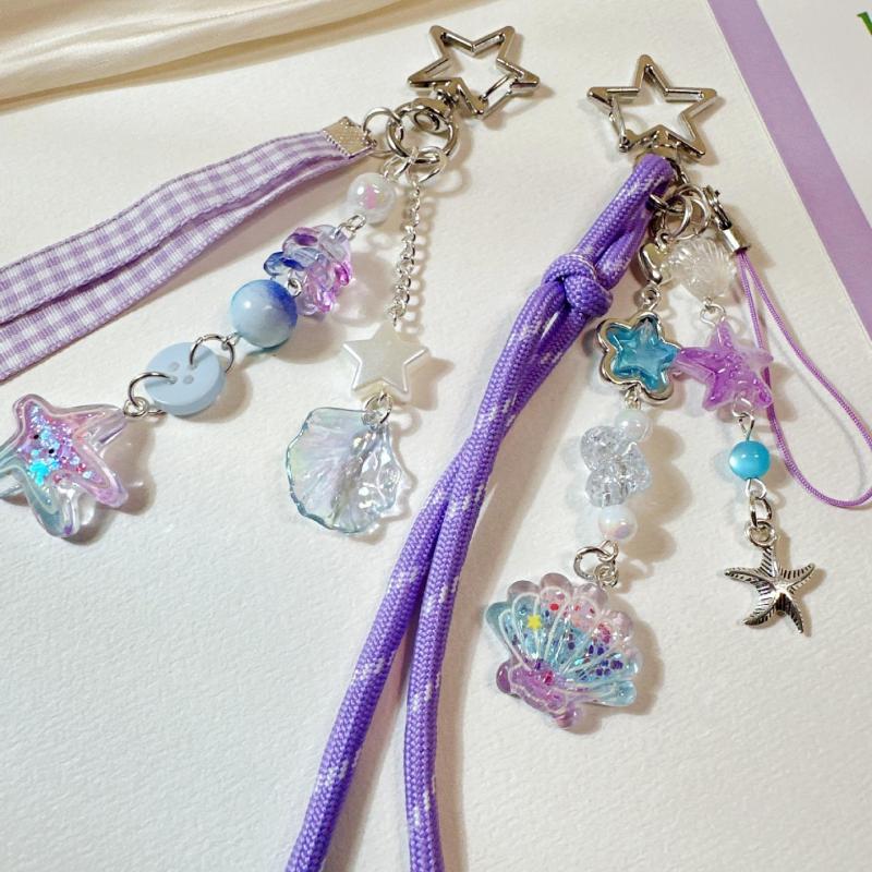 Süße Lila Muschel Stern Delfin Schlüsselanhänger Perlen Schlüsselanhänger Handy Kette Rucksack Tasche Anhänger Charme Auto Schlüssel Dekoration Zubehör