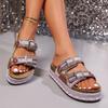 Women's Plus Size Summer Platform Chunky Sole Color Block Rhinestone Double Buckle Cork One Strap Slide Sandals