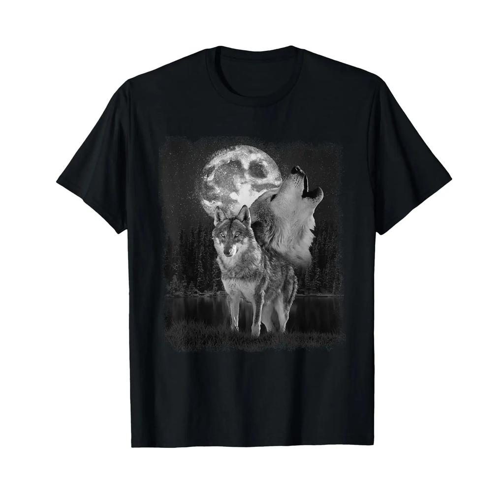 Wolf Illustration Moon Lovers T Shirt black s vintage Washed streetwear designer clothes fashion Top For Everyday Wear