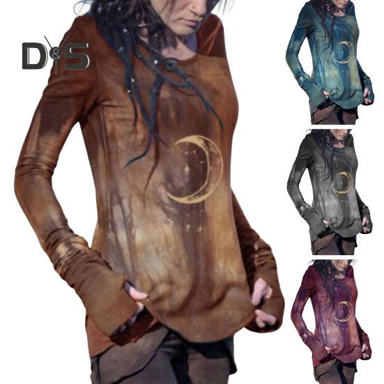 Damer Topper Rund Hals Langermet Månetrykt Skjorte Slim Fit Middels Lengde Elastisk T-skjorte Hverdagsklær