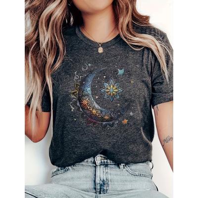 Moon Mandala Women's Tee - Boho Celestial Graphic, Casual Dark Gray Top