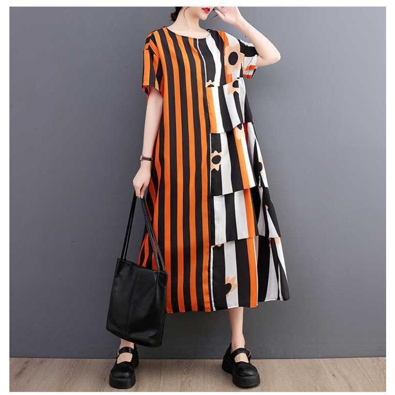 Robe Patchwork en Mousseline Rayée pour Femme, Ample, Décontractée, Jupe Mi-longue Tendance