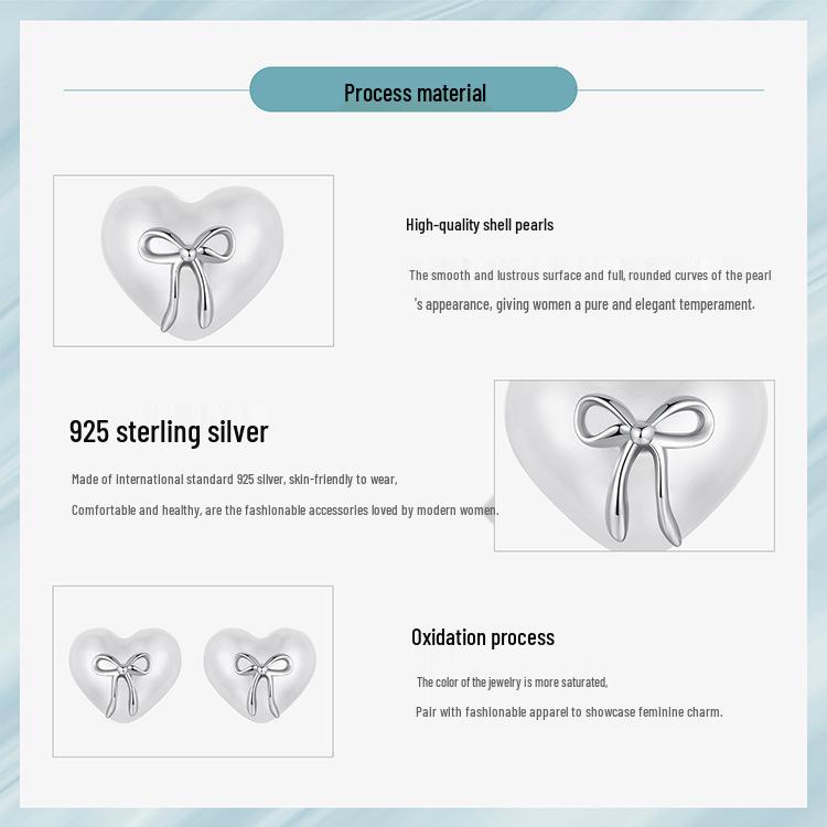 Aifle Simple Versatile S925 Sterling Silver Heart Bow Earrings for Women, Platinum-Plated, Heart-Shaped, Perfect for Commuting