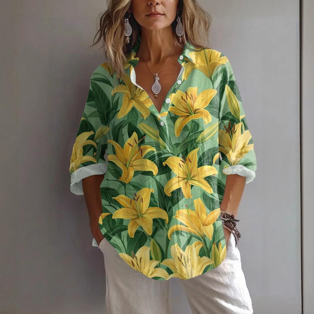 Women's Casual Spring And Summer Loose Printed Casual Sleeved Lapel Pullover Shirt