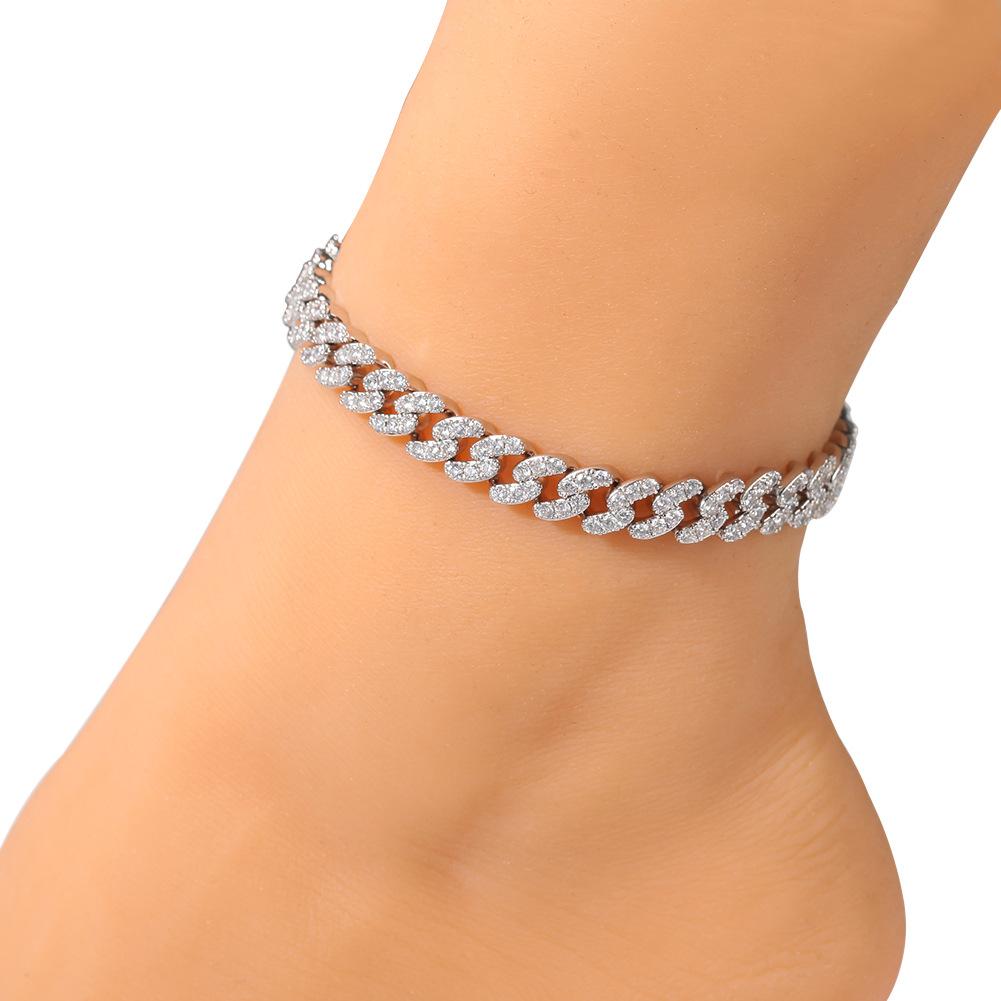 9mm 8.5inch 9inch 9.5inch Wholsale Ladies Anklets Silver Pink Gold Plated Diamond Custom Zirconia Anklet Brass Cuban Link Chain