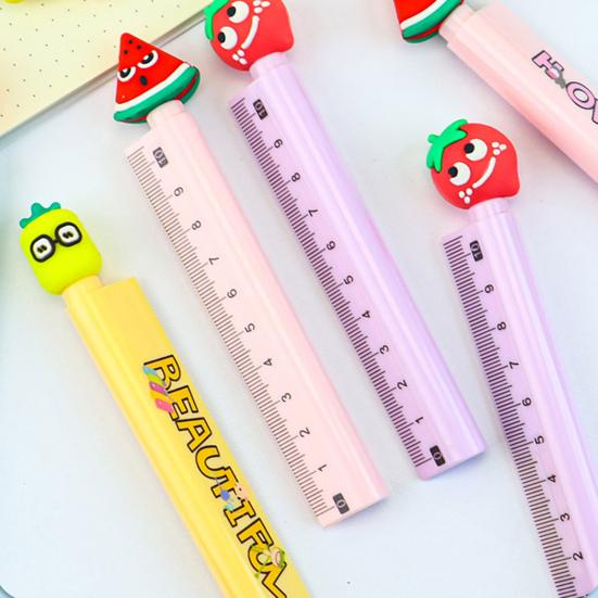 6/12Pcs Cartoon Fruit Gel Ruler 0.5MM Quick Drying Assorted Smooth Writing Pen with Multi-functional Writing Pen