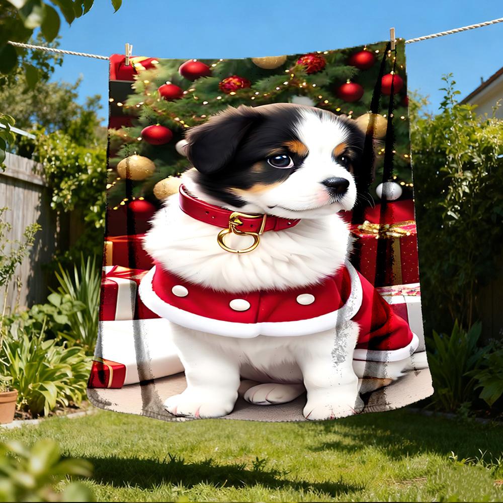 1pc Christmas puppy Outdoor Flannel Blanket , Machine Washable Perfect Gift for Birthday , Holiday Travel Accessory , Durable Material