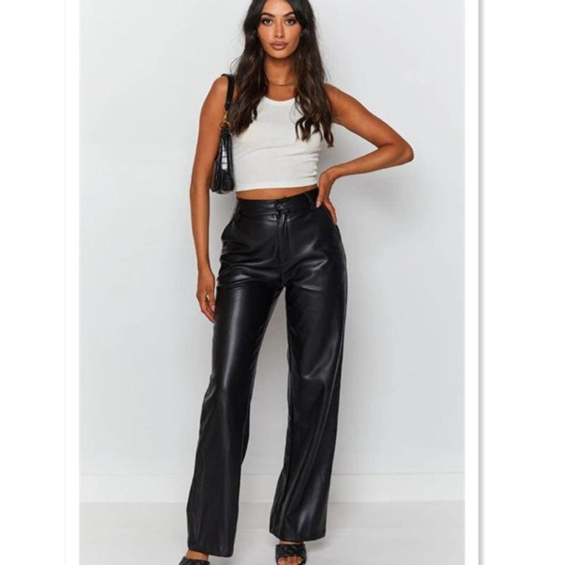 European American Autumn Fashion Casual Leather Pants Women Elegant Office-lady Pu Pants Women High Strecth Trouser Spodnie24079