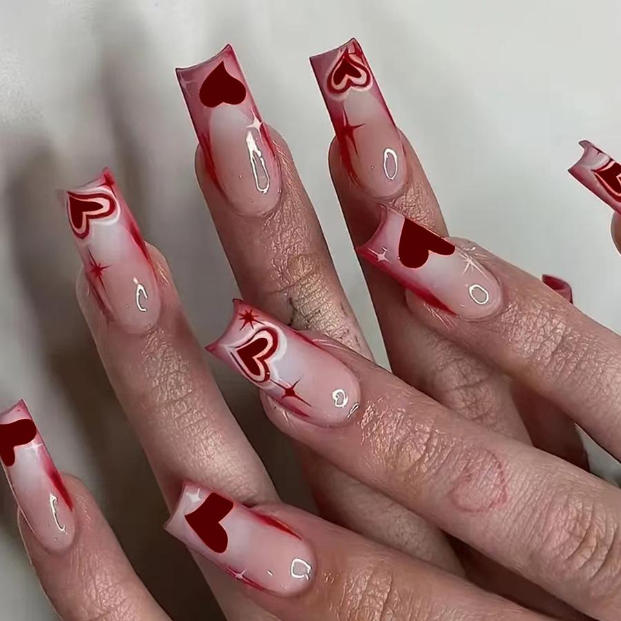 

2025 Valentine s Medium Glossy Burgundy Red Heart Nail Art Set - 24 Pieces