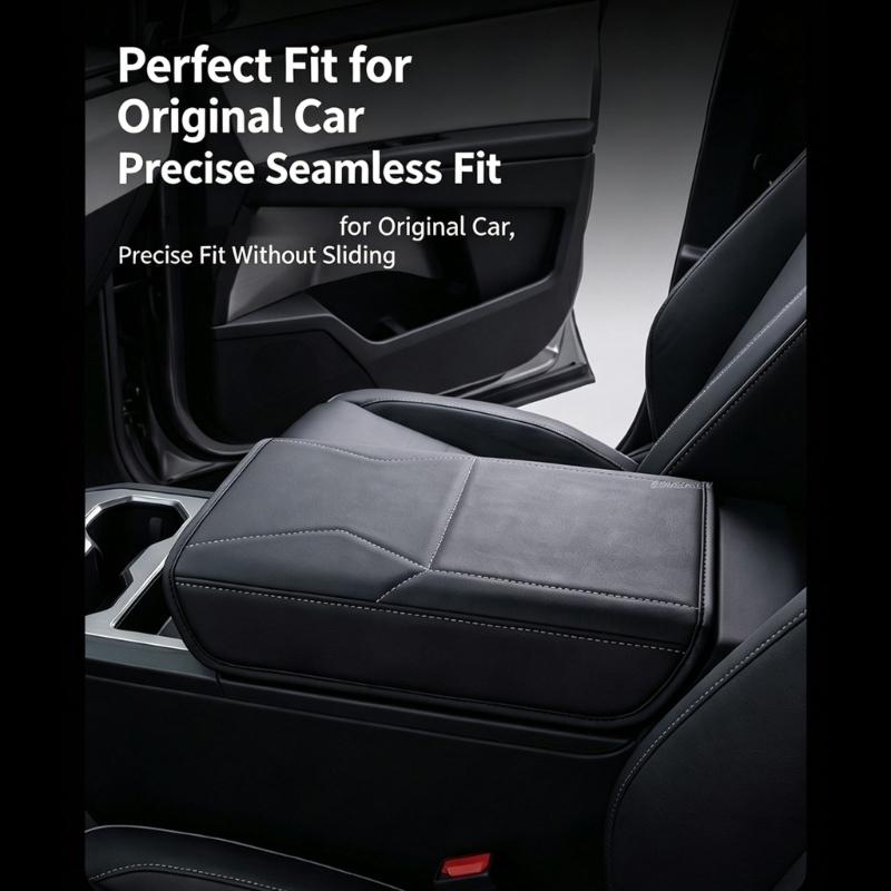 Center Console Armrest Cover with Elastic Hold and Slip On Fit, Vehicle Armrest Lid Cover In Black Stitched Style for Cabin Use
