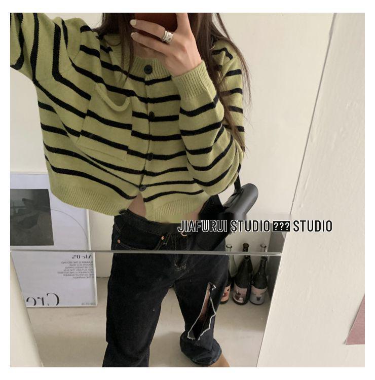 Zelený pruhovaný úplet Dámský retro kardigan - Podzimní ležérní styl, Dlouhý rukáv, Krátký svetrový kabát