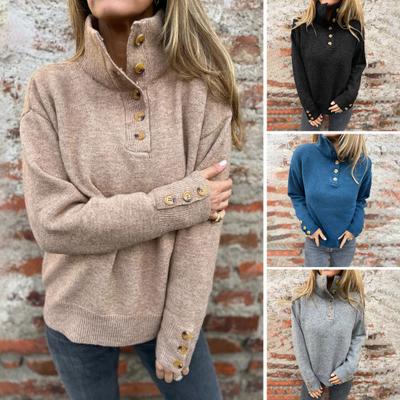 Damen Pullover Stehkragen Knöpfe Halbe Knopfleiste Langarm Stricktops Einfarbig Lockerer Schnitt Freizeitpullover