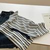 Women's Blue and White Striped T-Shirt Casual Crew Neck Loose Fit Knit Top with Black