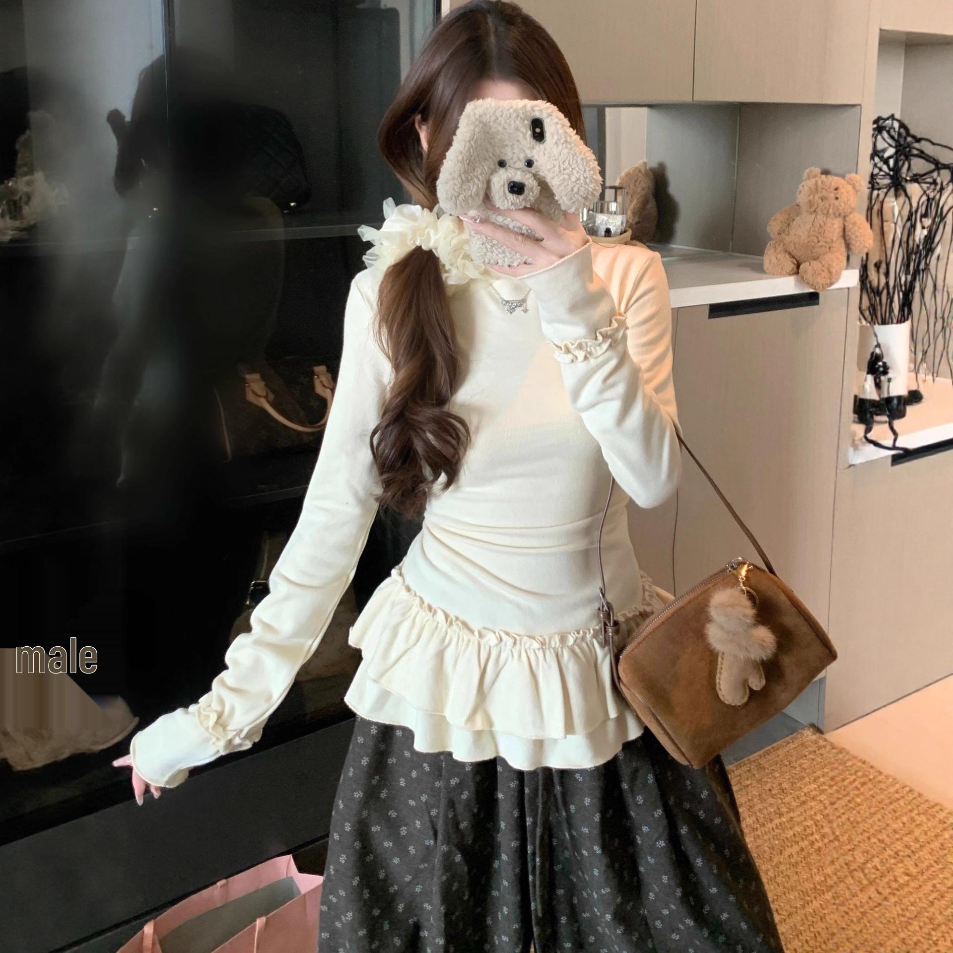 

Корейская футболка с длинным рукавом и кружевной вставкой, высоким воротником, больших размеров для женщин – Базовая облегающая футболка для весны и осени S абрикосовый