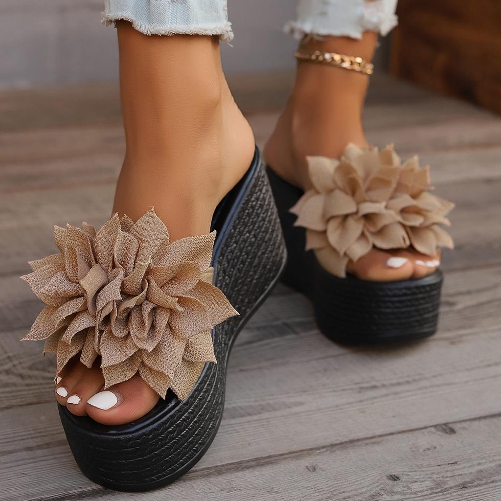 Summer New Flower Muffin Slippers Women's 2025 Large Size One-word Slippers Thick-soled Cool Slippers
