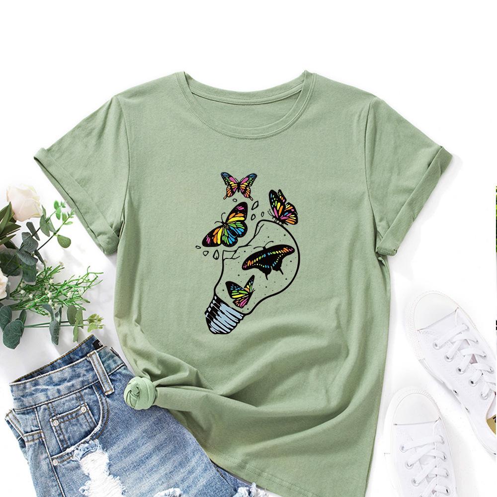 Butterfly Freedom Lamp Cotton T-Shirt Short Sleeve Round Neck Women 2d Print Tops
