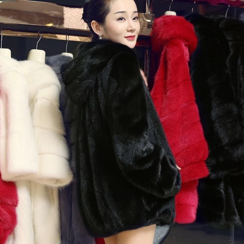 Imitation fur jacket women's medium and long imitation whole mink hooded slim fit and warm imitation mink jacket imitation mink coat jacket