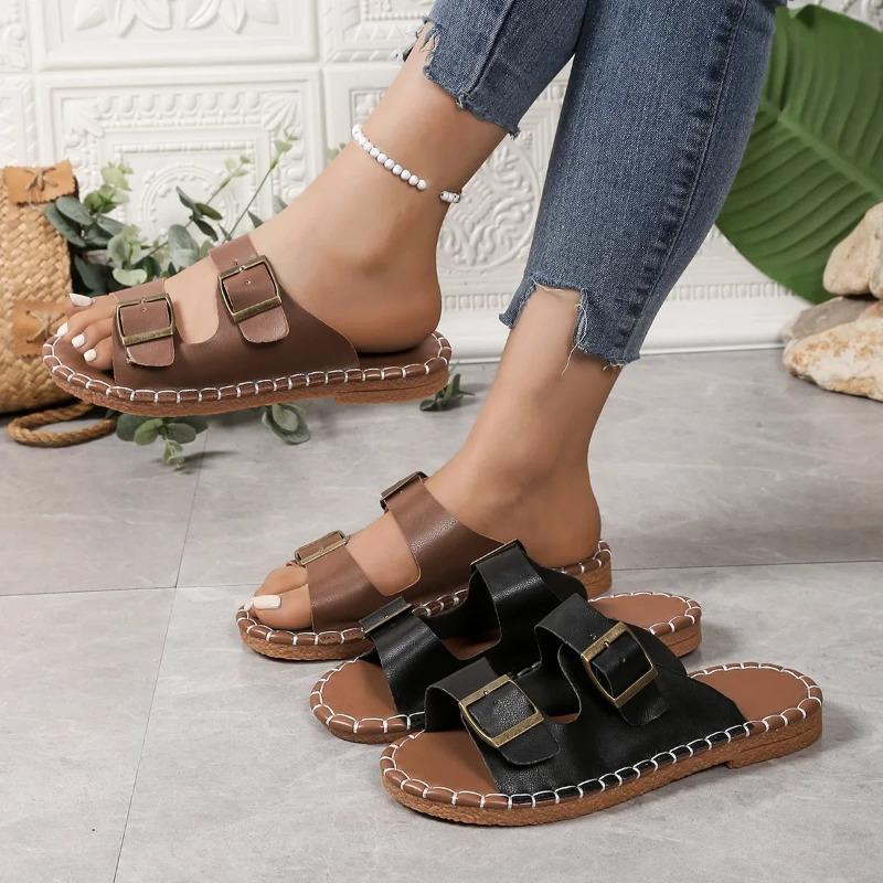 Sandales pour femmes grande taille Été Nouveau Fond plat Bout rond Pantoufles de plage Chaussures à enfiler à double boucle Matière polyuréthane
