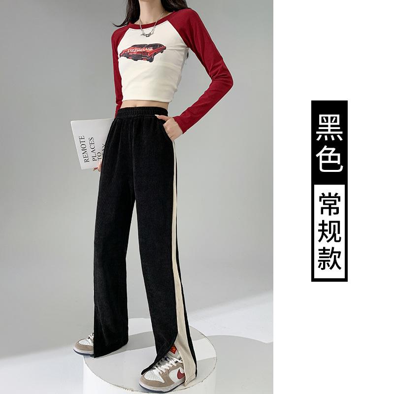 

European cotton lint casual women s clothing spring and autumn versatile side slit elastic loose high-waisted straight floor pants S