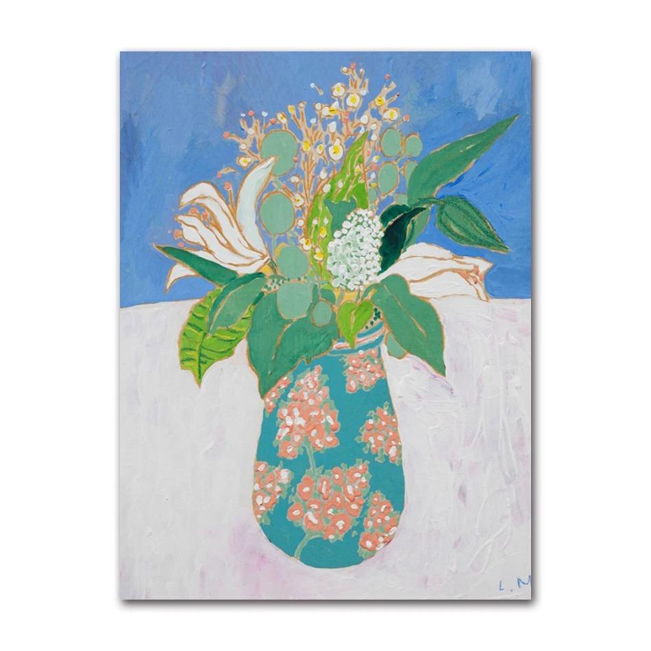 Nordic Flower Leaf Colorful Vase Art Print Wall Poster Canvas Painting Retro Picture Modern Home Decor Bedroom Decoration