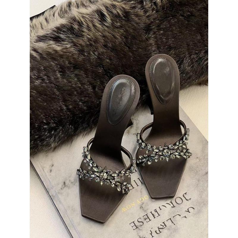 New Summer Women's High Heel Sandals Cross Rhinestone Square Head Open Toe Sandals Silk Sexy Stiletto High Heels Mules