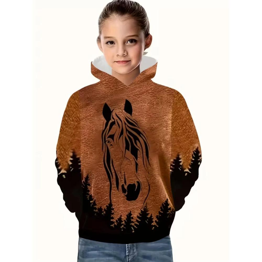 Autumn 3D Horse Printed Hoodies Fashionable Casual Sports Cool Long Sleeved Children's Girl Hooded Sweatshirts