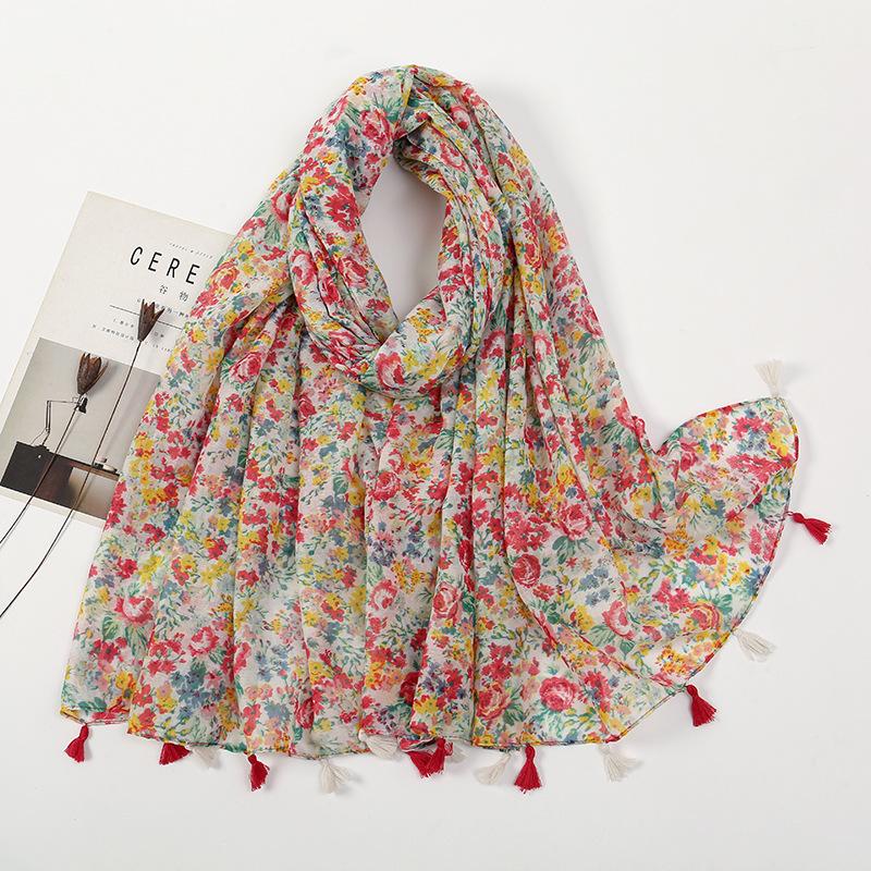 Literarischer kleiner frischer Retro-Fransenschal aus Baumwolle und Leinen, schöner bedruckter Seidenschal für Damen, japanischer Sonnenschutzschal