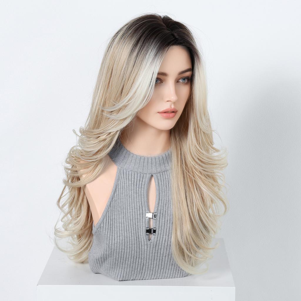 European And American Wind And Wind Gradually Change Platinum Long Curly Hair Wig Eight-Character Bangs Fluffy Natural High Temperature Silk Material