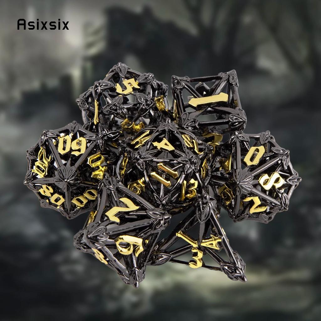 7 Pcs Black Golden Leaf Flower Metal Dice Hollow Metal Polyhedral Dice Set Suitable for Role-Playing RPG  Board Game Card Game