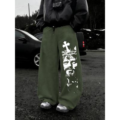 Men Gothic Cross Print Streetwear Sweatpants, Loose Wide Leg Drawstring Pants S‑XXL