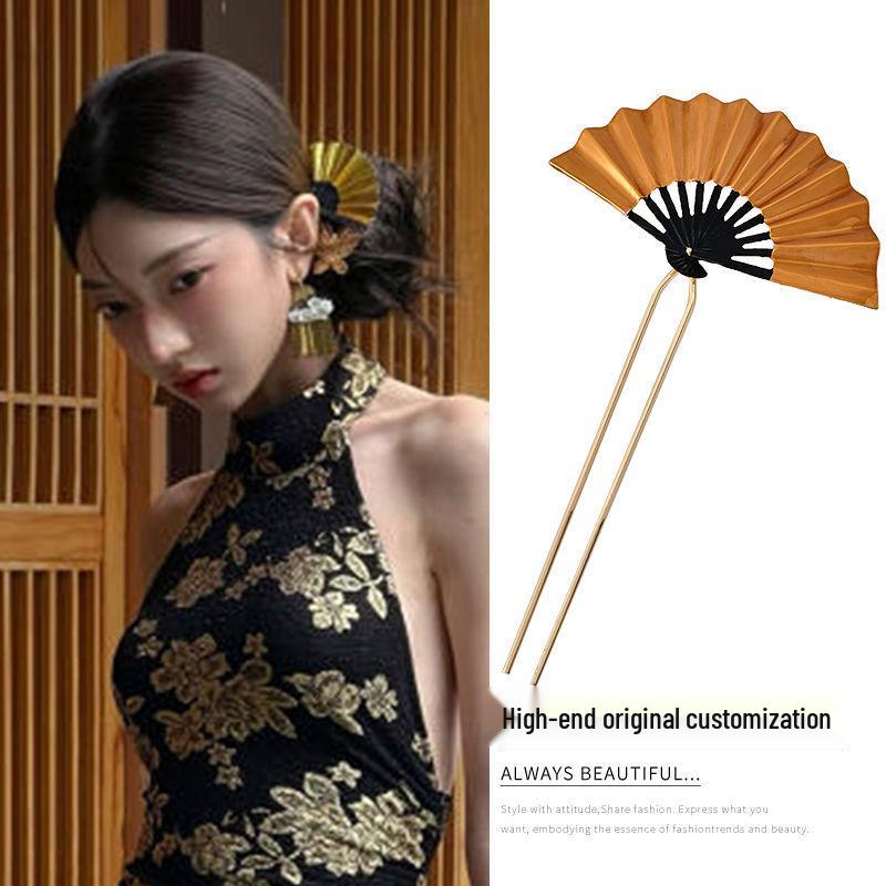 2024 Chinese Style Metal Fan Tassel U-Shape Hairpin for Women - Hair Stick Accessories for Qipao & Ma Mian Skirts